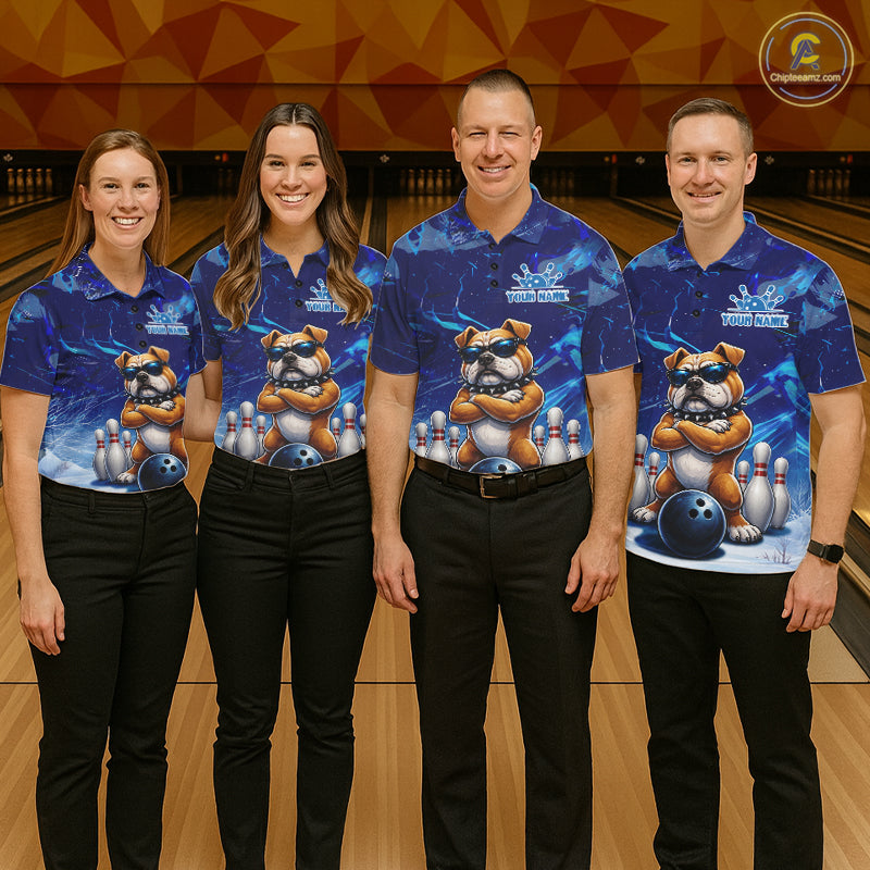 Personalized Blue Funny Bulldog Bowling Shirt For Men Custom Bowling Team Jersey Polo & 1/4 Zip TDM6480