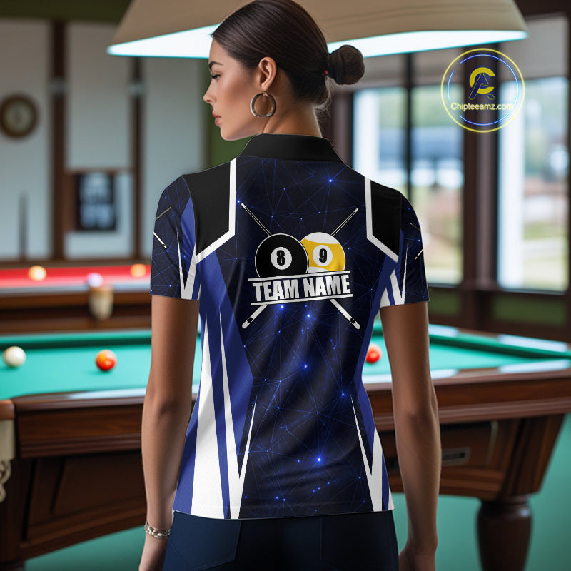 Blue 8 Ball & 9 Ball Pool Billiard Shirt For Women Custom Geometric Billiard Jersey Polo & 1/4 Zip TDM6482