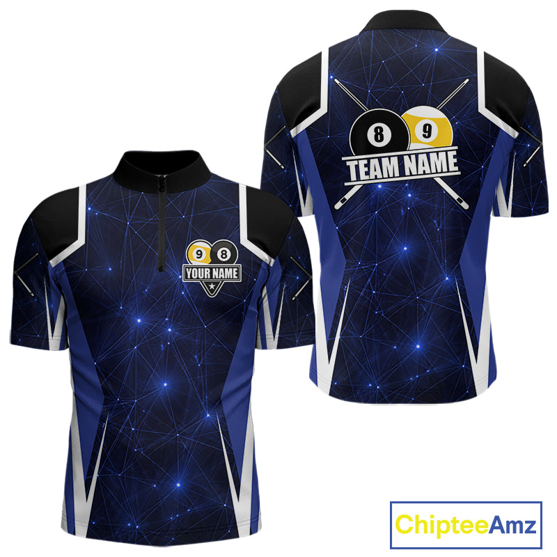 Blue 8 Ball & 9 Ball Pool Billiard Shirt For Men Custom Geometric Billiard Jersey Polo & 1/4 Zip TDM6482