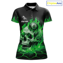 Load image into Gallery viewer, Green flaming skull 8 ball billiard polo shirt for women with custom pool team graphics.