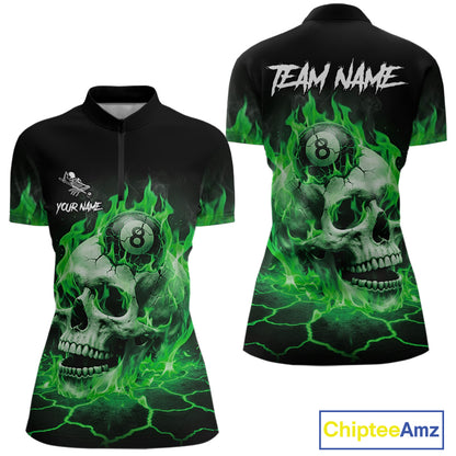 Green flaming skull 8 ball billiard quarter zip shirt for women built for tournaments and league competition.