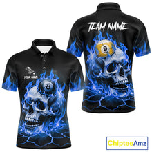 Load image into Gallery viewer, Blue flaming skull 8 ball and 9 ball billiard polo shirt for men with custom pool team graphics.