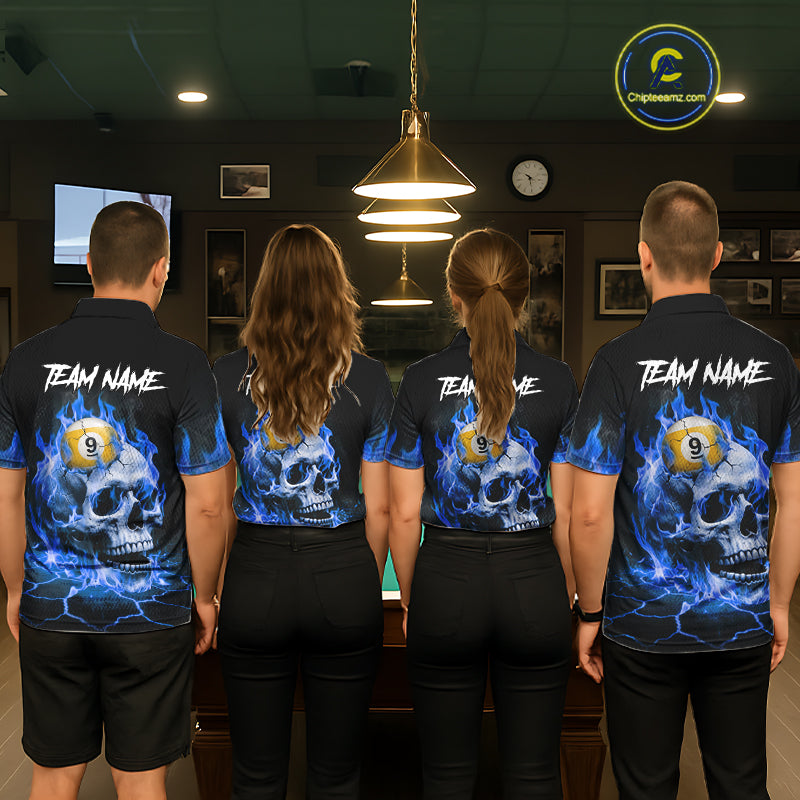 Back view of pool players wearing matching blue flaming skull billiard shirts in a game room.