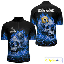 Load image into Gallery viewer, Blue flaming skull 8 ball and 9 ball billiard quarter zip shirt for men designed for league tournaments and team events.