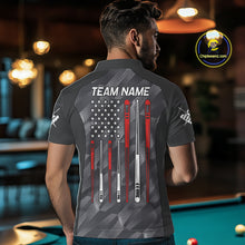 Load image into Gallery viewer, Back view of man wearing a metal grey American flag 8 ball pool shirt in a billiards hall.