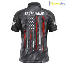 Load image into Gallery viewer, Metal grey American flag 8 ball billiard polo shirt for men with patriotic pool team graphics.