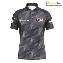Load image into Gallery viewer, Metal grey American flag 8 ball billiard polo shirt for men with patriotic pool team graphics.