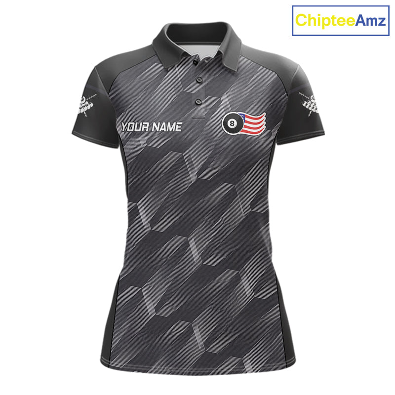 Metal grey American flag 8 ball billiard polo shirt for women with patriotic pool team graphics.