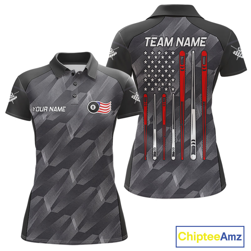Metal grey American flag 8 ball billiard polo shirt for women with patriotic pool team graphics.