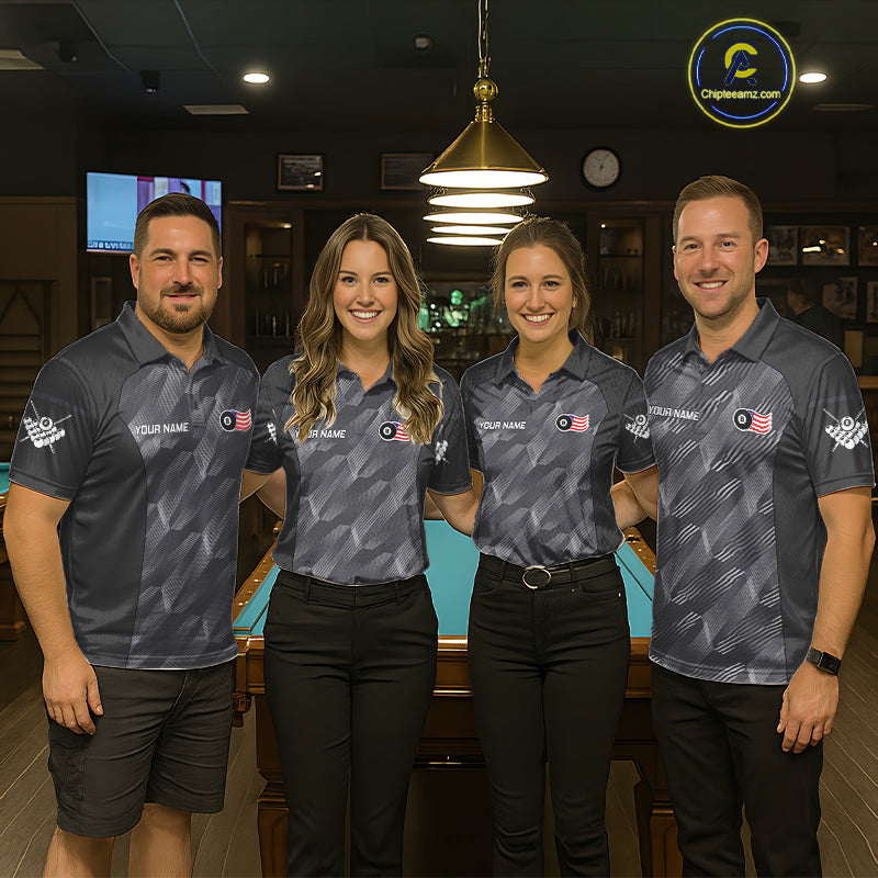 Pool team wearing matching metal grey American flag 8 ball billiard jerseys during league matches front view.