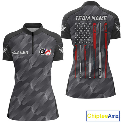 Metal grey American flag 8 ball billiard quarter zip shirt for women designed for league tournaments and team events.