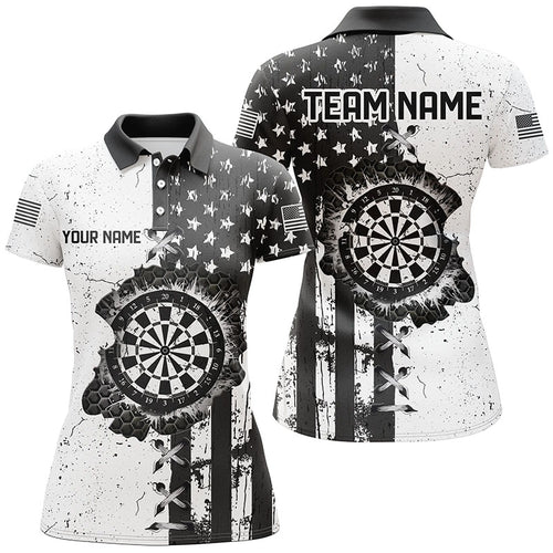 Personalized Black White Grunge US Flag Darts Shirts For Women Custom Patriotic Retro Darts Jerseys TDM1986