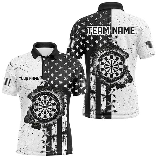 Personalized Black White Grunge US Flag Darts Shirts For Men Custom Patriotic Retro Darts Jerseys TDM1986