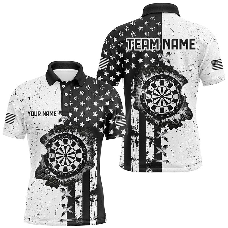 Personalized Black White Grunge US Flag Darts Shirts For Men Custom Patriotic Retro Darts Jerseys TDM1986