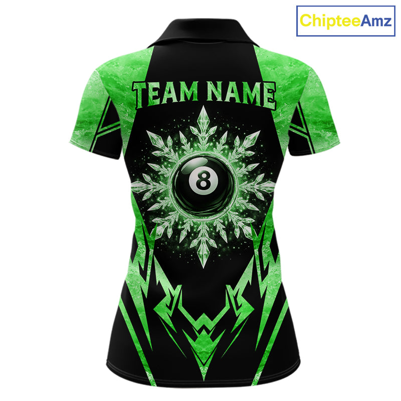 Black and green 8 ball pool icy billiard team jersey polo shirt for women featuring frozen ice effects and bold green highlights, premium custom pool league apparel for tournaments and league play.