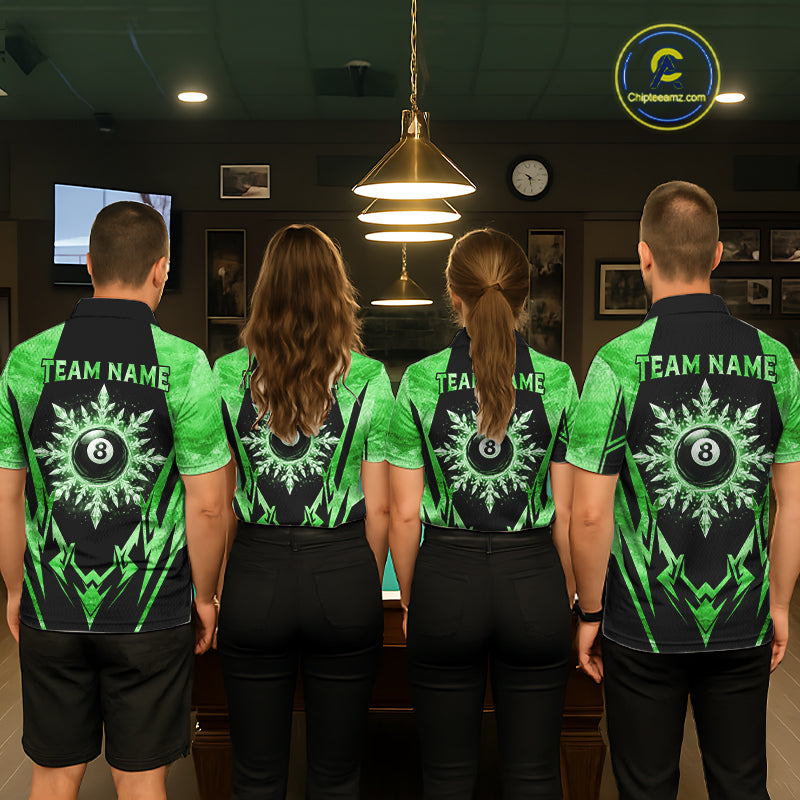 Billiard team wearing matching black and green icy 8 ball pool jerseys featuring the frozen artwork, back view.
