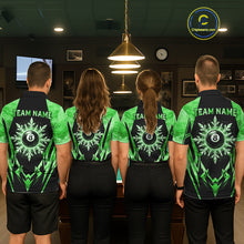 Load image into Gallery viewer, Billiard team wearing matching black and green icy 8 ball pool jerseys featuring the frozen artwork, back view.