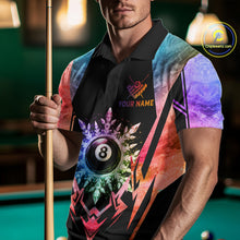 Load image into Gallery viewer, Man wearing custom colorful 8 ball pool icy billiard team jersey polo shirt featuring the colorful icy 8 ball design, front view.