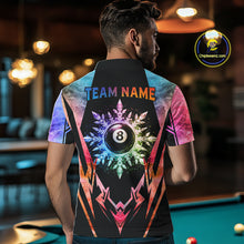 Load image into Gallery viewer, Man wearing custom colorful 8 ball pool icy billiard team jersey polo shirt featuring the colorful icy 8 ball design, back view.