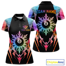 Load image into Gallery viewer, Custom colorful 8 ball pool icy billiard team jersey polo shirt for women featuring vibrant frozen ice artwork, premium pool league apparel for tournaments and competitive billiard players.