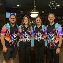 Load image into Gallery viewer, Billiard team wearing matching custom colorful icy 8 ball pool jerseys featuring the frozen artwork, front view.