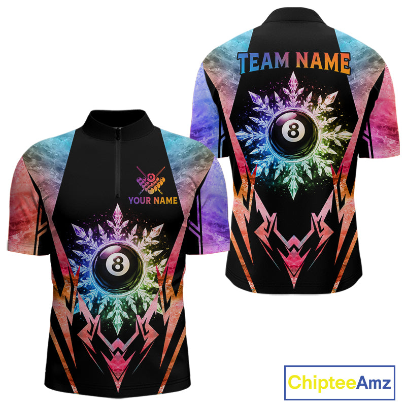 Custom colorful 8 ball pool icy billiard team jersey quarter zip shirt for men featuring colorful frozen 8 ball artwork and premium billiard league styling.