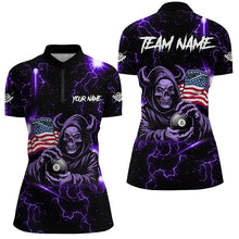 Load image into Gallery viewer, Purple Skull Thunder Lightning US Flag Custom Women Billiard Shirts, Patriotic Billiard Team Jerseys TDM2710