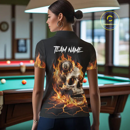 Orange Flaming Skull 8 Ball Billiard Shirt For Women Custom Pool Team Jersey Polo & Quarter Zip TDM5421