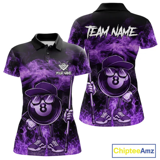 Purple Funny 8 Ball Pool Flame Smoke Billiard Shirt For Women Custom Billiard Team Jersey Uniform TDM5694