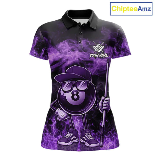 Purple Funny 8 Ball Pool Flame Smoke Billiard Shirt For Women Custom Billiard Team Jersey Uniform TDM5694