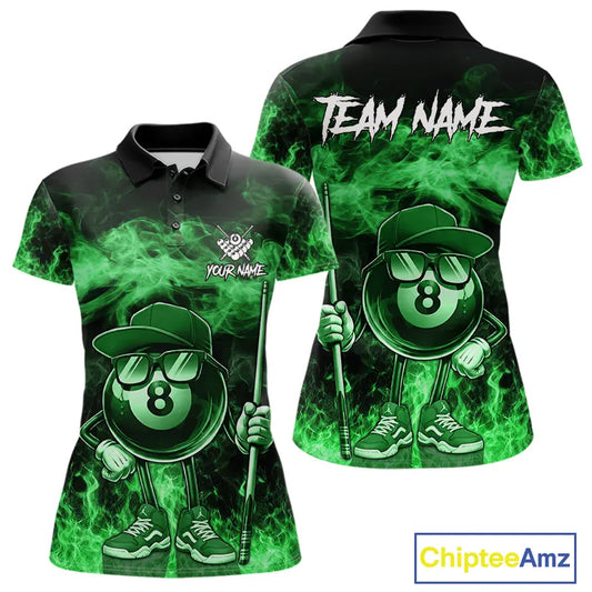 Green Funny 8 Ball Pool Flame Smoke Billiard Shirt For Women Custom Billiard Team Jersey Uniform TDM5695