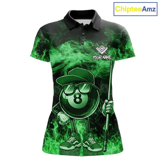 Green Funny 8 Ball Pool Flame Smoke Billiard Shirt For Women Custom Billiard Team Jersey Uniform TDM5695