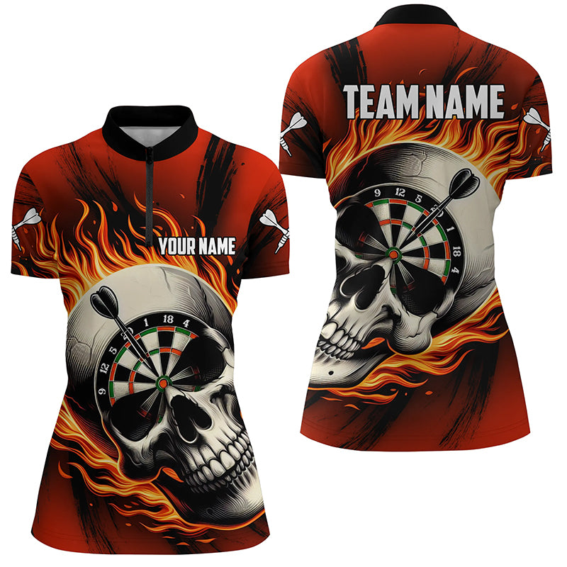 Flaming Dart Skull Women Quarter-Zip Shirts Custom Darts Shirts For Team Dart Jerseys |Red TDM1220