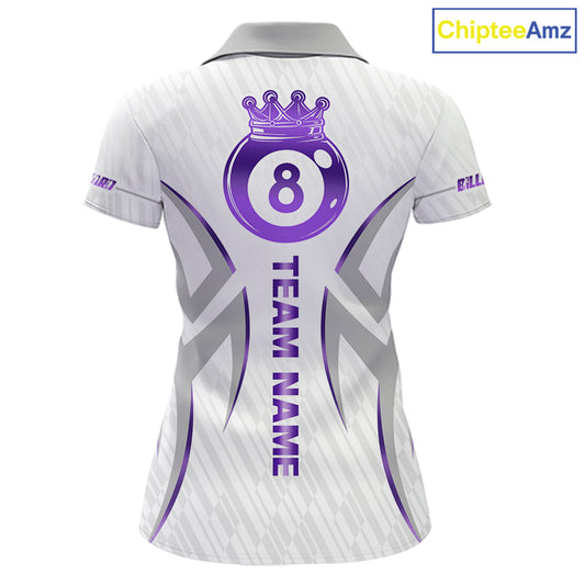 White And Purple Custom Crown 8 Ball Women's Billiards Shirts, Billiard Jersey Team Polo & 1/4 Zip TDM6054