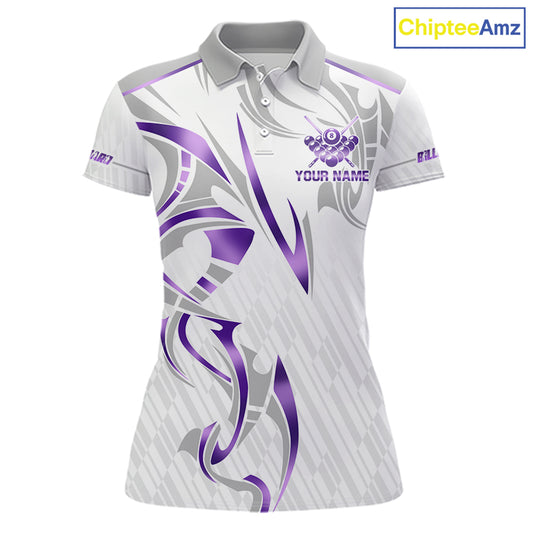 White And Purple Custom Crown 8 Ball Women's Billiards Shirts, Billiard Jersey Team Polo & 1/4 Zip TDM6054