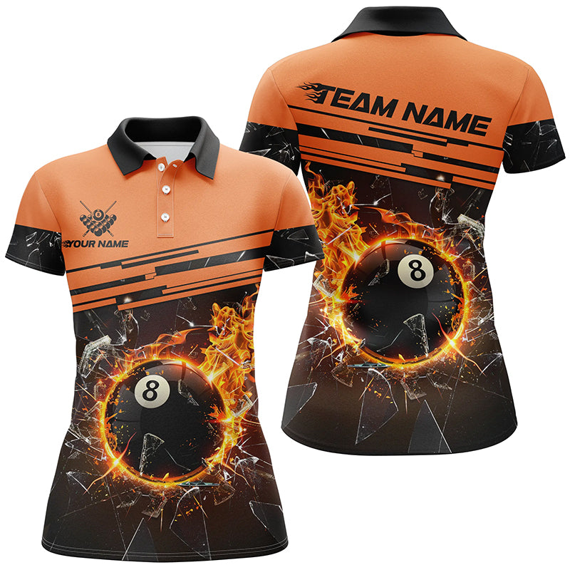 Orange Funny 8 Ball Pool Fire Break Glass Custom Women Billiard Shirt 3D Printed Billiard Team Jersey TDM1804