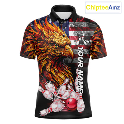 Smoke American Flag Phoenix Bowling Polo Shirt For Men Custom Patriotic Bowling Team Jersey Design