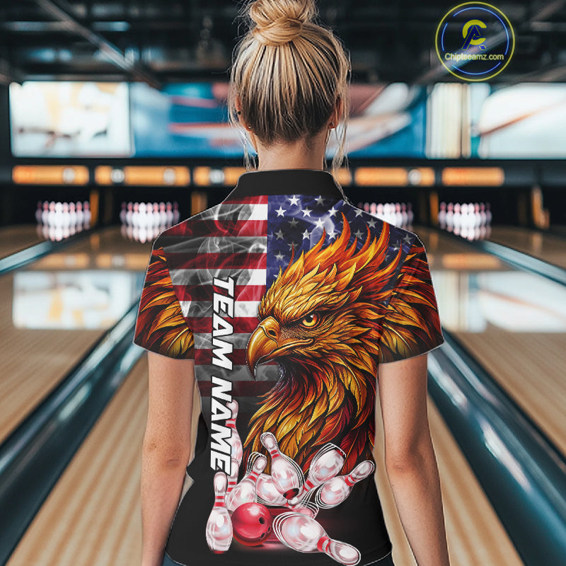 Woman Wearing Smoke American Flag Phoenix Bowling Polo Shirt Back View Patriotic Bowling Team Jersey