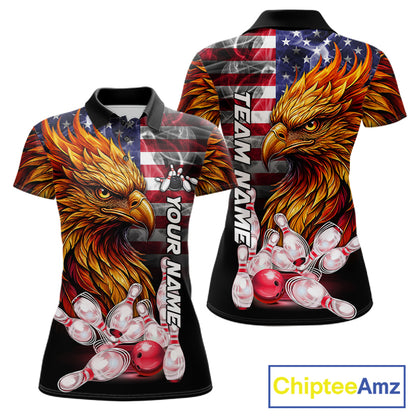 Smoke American Flag Phoenix Bowling Custom Polo Shirt For Women Patriotic Bowling League Team Jersey