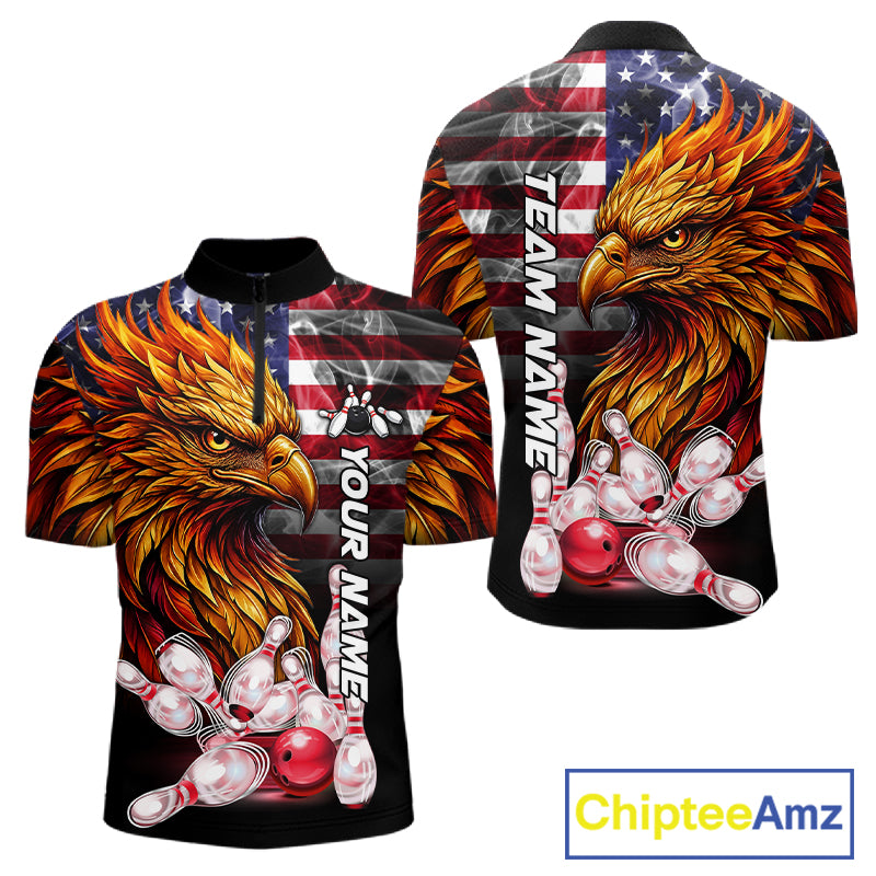 Smoke American Flag Phoenix Bowling Quarter Zip Shirt For Men Custom Patriotic Bowling Team Jersey