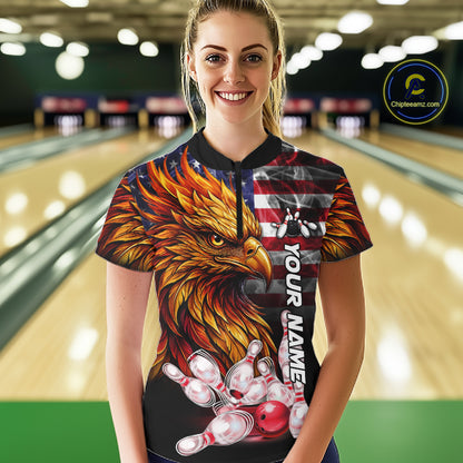 Woman Wearing Smoke American Flag Phoenix Bowling Quarter Zip Shirt Front View Custom Bowling Jersey