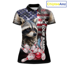 Load image into Gallery viewer, Smoke American Flag Raccoon Bowling Polo Shirt For Women Custom Patriotic Bowling Team Jersey Design