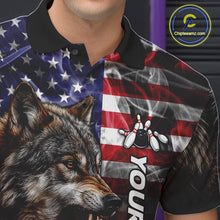 Load image into Gallery viewer, Close Up Of Smoke American Flag Wolf Bowling Polo Shirt Collar Chest And Button Details