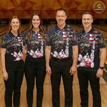 Load image into Gallery viewer, Bowling Team Wearing Smoke American Flag Wolf Bowling Polo Shirts Front View