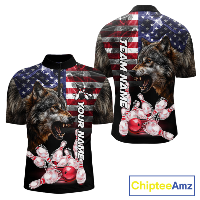 Smoke American Flag Wolf Bowling Quarter Zip Shirt For Men Custom Patriotic Bowling Team Jersey