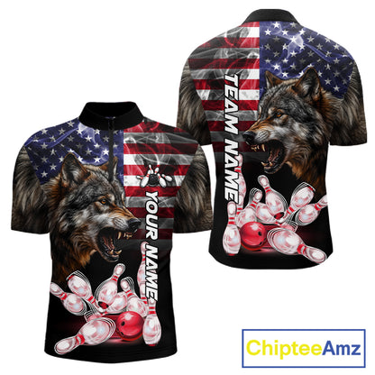 Smoke American Flag Wolf Bowling Quarter Zip Shirt For Men Custom Patriotic Bowling Team Jersey