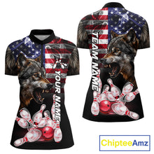 Load image into Gallery viewer, Smoke American Flag Wolf Bowling Quarter Zip Shirt For Women Custom Patriotic Bowling Team Jersey