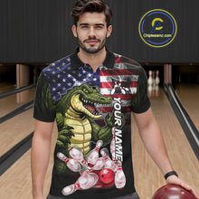 Load image into Gallery viewer, Man Wearing Smoke American Alligator Bowling Polo Shirt Front View Custom Patriotic Bowling Jersey