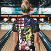 Load image into Gallery viewer, Woman Wearing Smoke American Alligator Bowling Polo Shirt Back View Patriotic Bowling Team Jersey