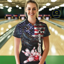 Load image into Gallery viewer, Woman Wearing Smoke American Flag Scorpion Bowling Polo Shirt Front View Custom Patriotic Bowling Jersey